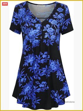 Short Sleeve V Neck Henley Button Flowy Tunic Top